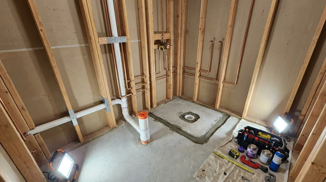 Bathroom rough-in plumbing during remodel by Johns Plumbing LLC in Burns