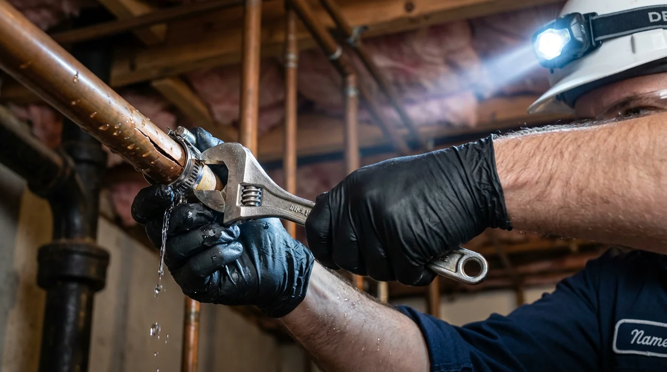 Emergency pipe clamp repair being performed by a Johns Plumbing LLC plumber in Burns