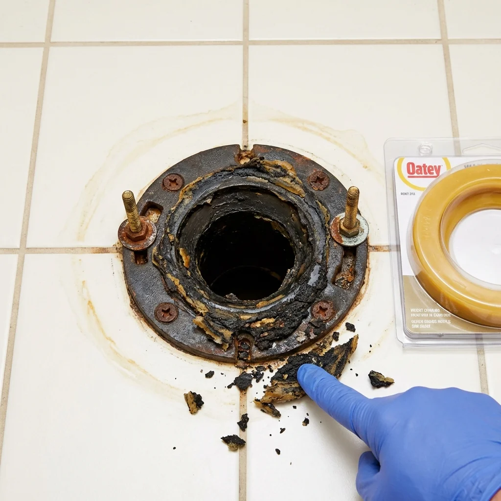 Failed wax ring showing water seepage at the base of a toilet in a Burns, TN home