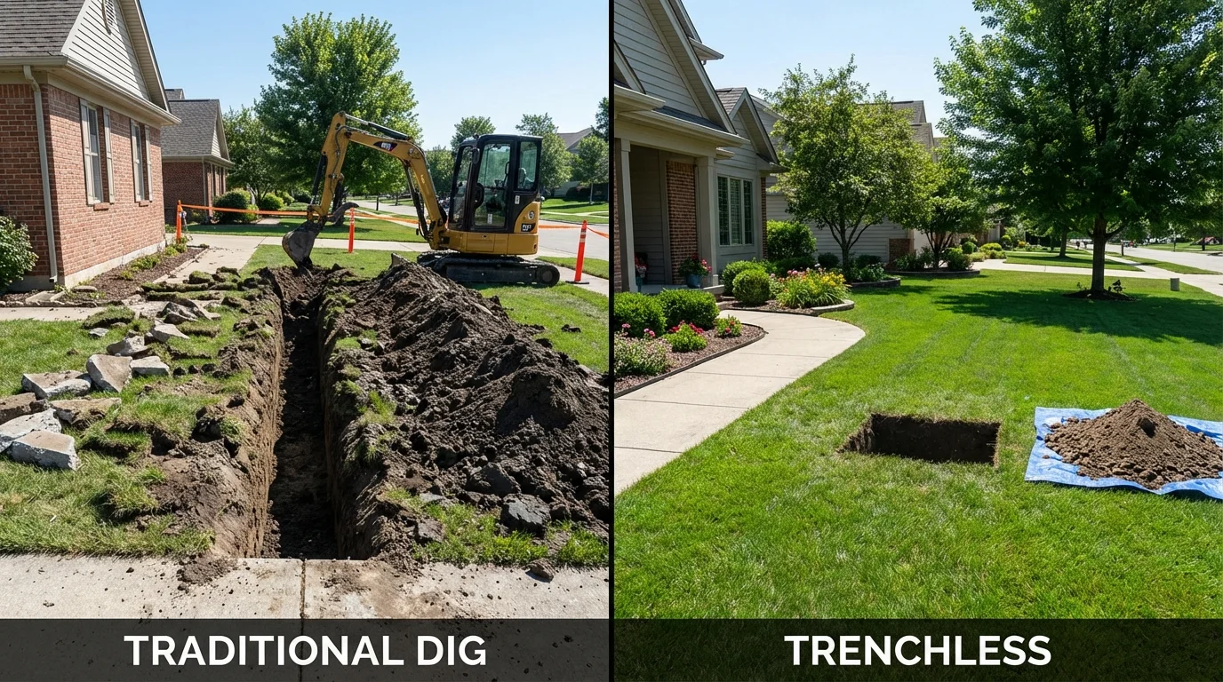 Trenchless sewer repair with minimal yard damage versus traditional excavation in Burns, TN