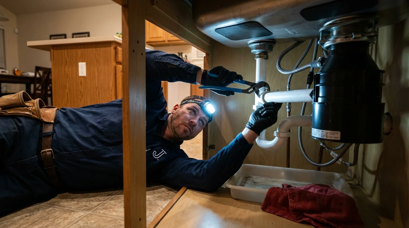 P-trap and supply line connections under a kitchen sink showing a common leak point in Burns, TN